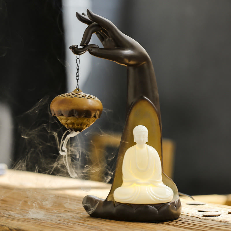Nimara Ritual Led Buddha Hand Backflow Smoke Fountain Healing Ceramic Stick Incense Burner Decoration