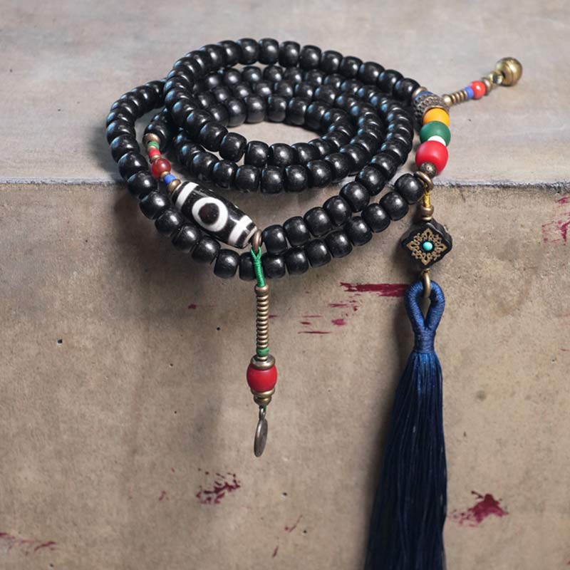 Nimara Ritual 108 Beads Mala Ebony Wood Dzi Bead Copper Balance Tassel Bracelet