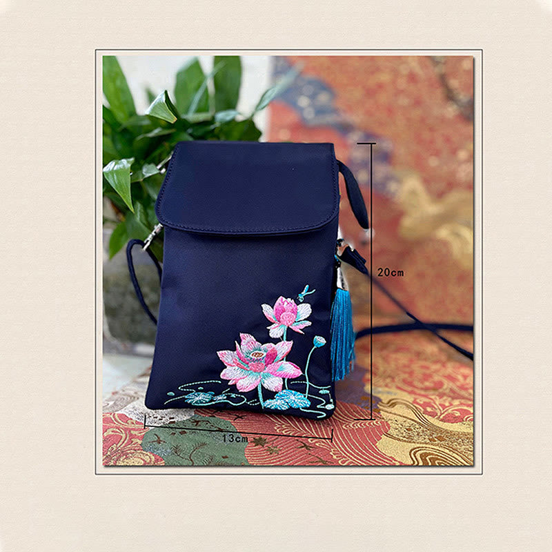 Nimara Ritual Waterproof Handmade Embroidered Lotus Flowers Crossbody Bag Shoulder Bag Cellphone Bag