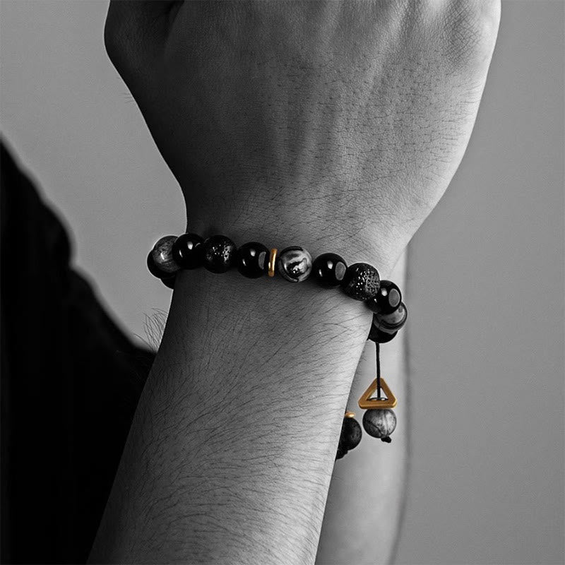 Transmute Negative Energy Black Obsidian Lava Rock Stone Yin Yang Strength Bracelet