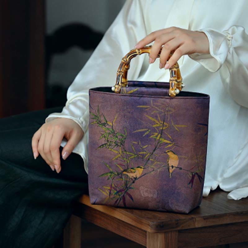 Nimara Ritual Purple Magpie Birds Branches Bamboo Handles Handbag