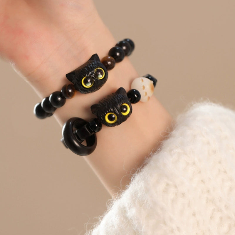 Nimara Ritual Cute Ebony Wood Cat Head Pattern Peace Bracelet
