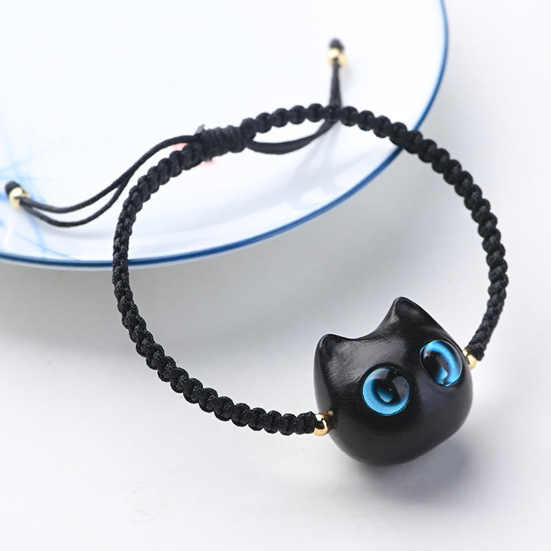 Nimara Ritual Small Leaf Red Sandalwood Ebony Wood Cute Cat Head Calm Protection Braided Bracelet