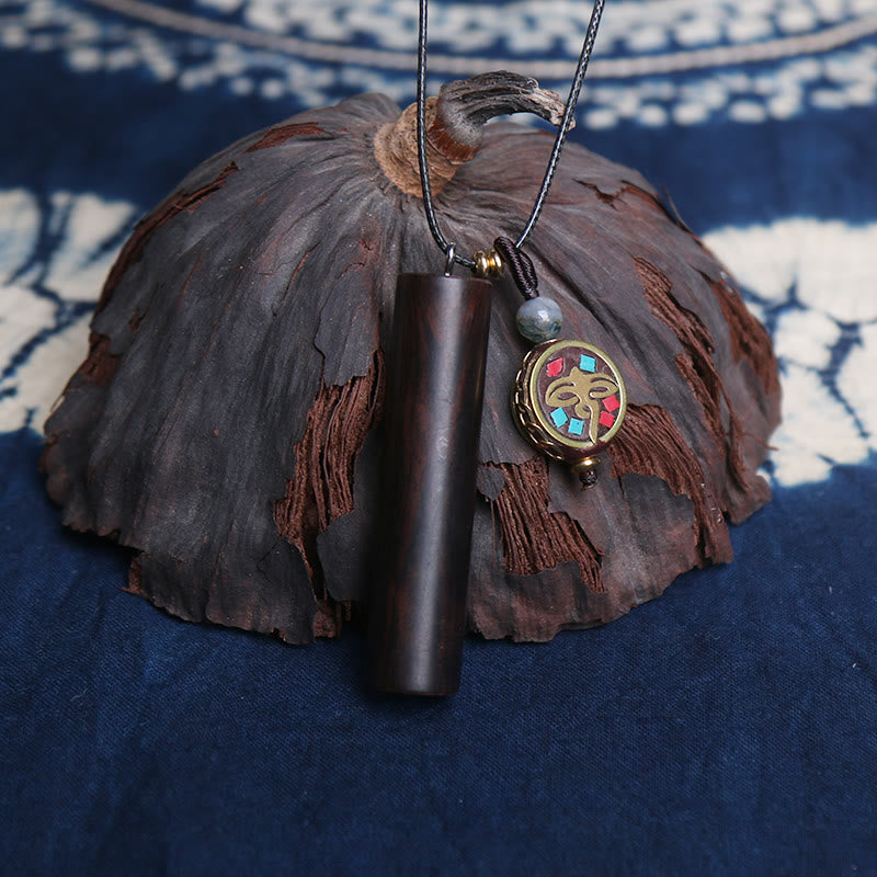 Nimara Ritual Tibetan Ebony Wood Dzi Bead Peace Calm Necklace Pendant