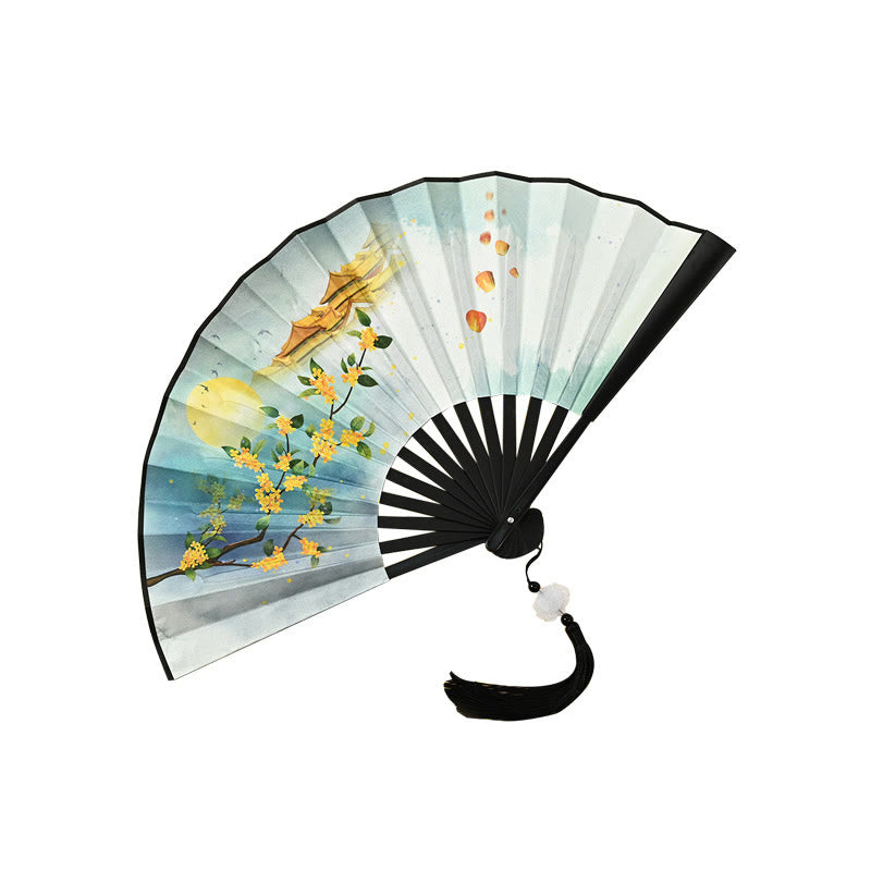 Nimara Ritual Vintage Phoenix Nine Tailed Fox Flower Bamboo Tiger Handheld Folding Fan Lotus Tassel Fan