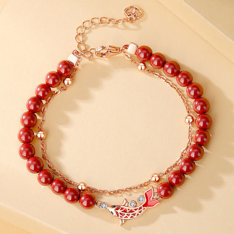 Nimara Ritual 925 Sterling Silver Lucky Koi Fish Cinnabar Zircon Prosperity Double Layer Chain Bracelet