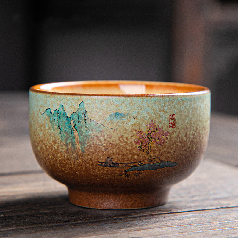 Nimara Ritual Colorful Deer Pipa Snow Plum Blossoms Mountains Rivers Bird Ceramic Teacup Kung Fu Tea Cup Bowl