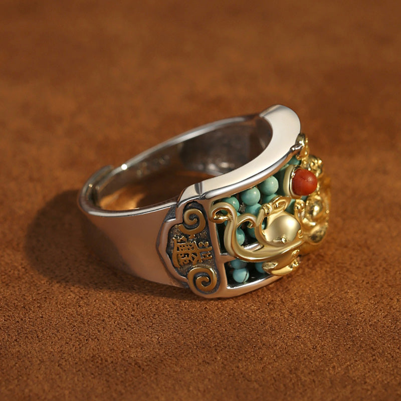 Nimara Ritual 925 Sterling Silver Turquoise Red Agate PiXiu Abacus Protection Ring