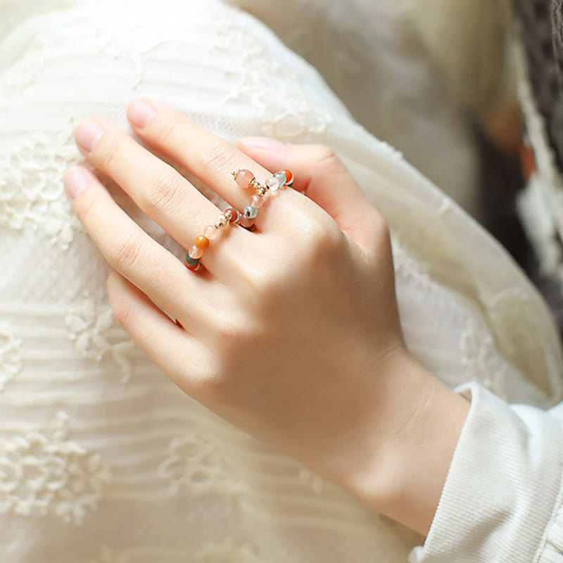 Nimara Ritual 14k Gold Plated Copper Fu Lu Shou Crystal Peach Moonstone Happiness Wealth Ring