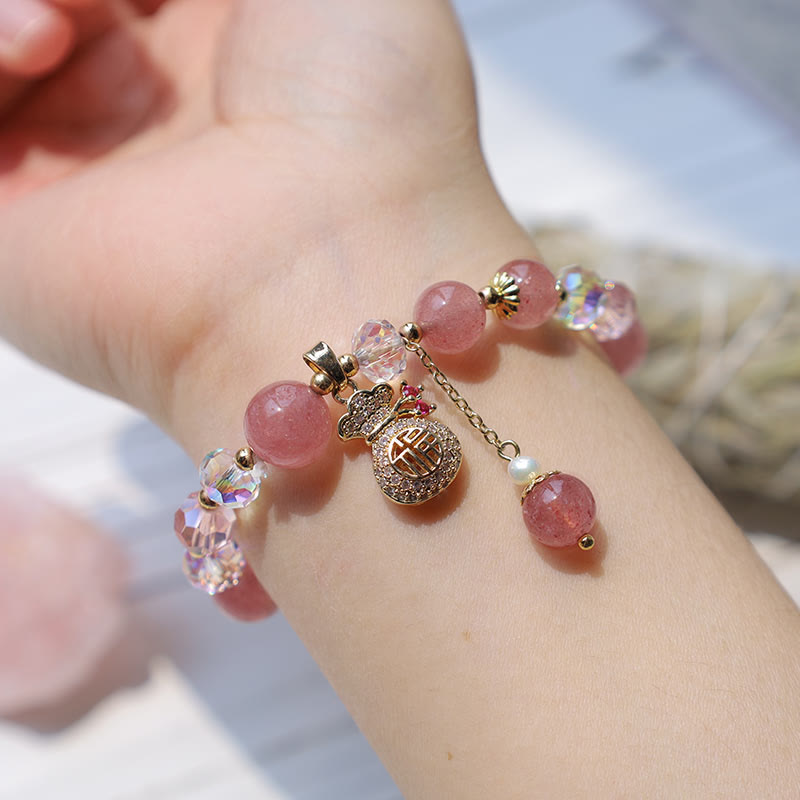 Love Healing Natural Strawberry Quartz Crystal Money Bag Charm Positive Bracelet