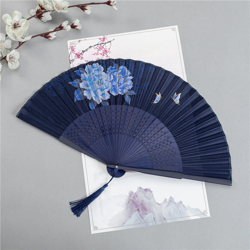 Nimara Ritual Crane Dragonfly Lotus Peony Plum Blossom Butterfly Handheld Silk Bamboo Folding Fan 22.5cm