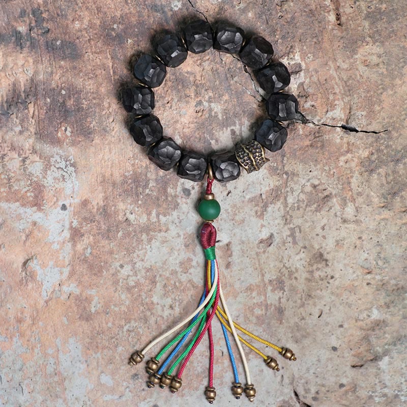 Nimara Ritual Tibet Ebony Wood Copper Peace Tassel Wrist Mala Bracelet