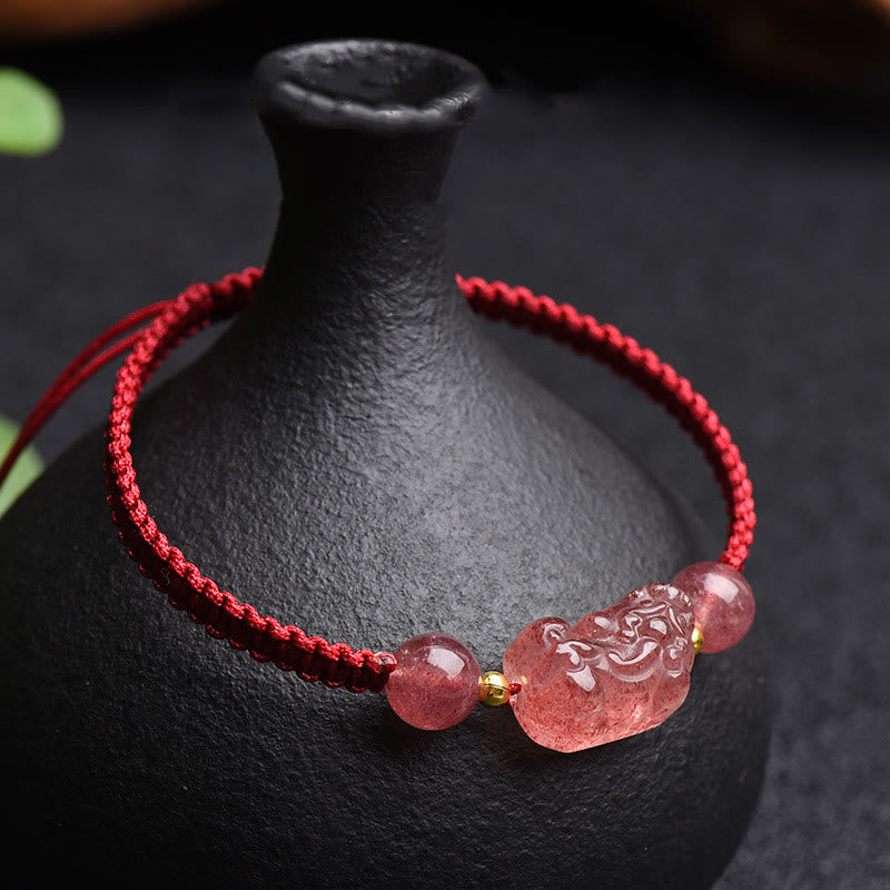 Nimara Ritual Natural Strawberry Quartz PiXiu Lucky Red String Bracelet