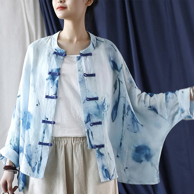 Nimara Ritual Tie Dye Blue Flowers Frog-Button Design Long Sleeve Ramie Linen Jacket Shirt