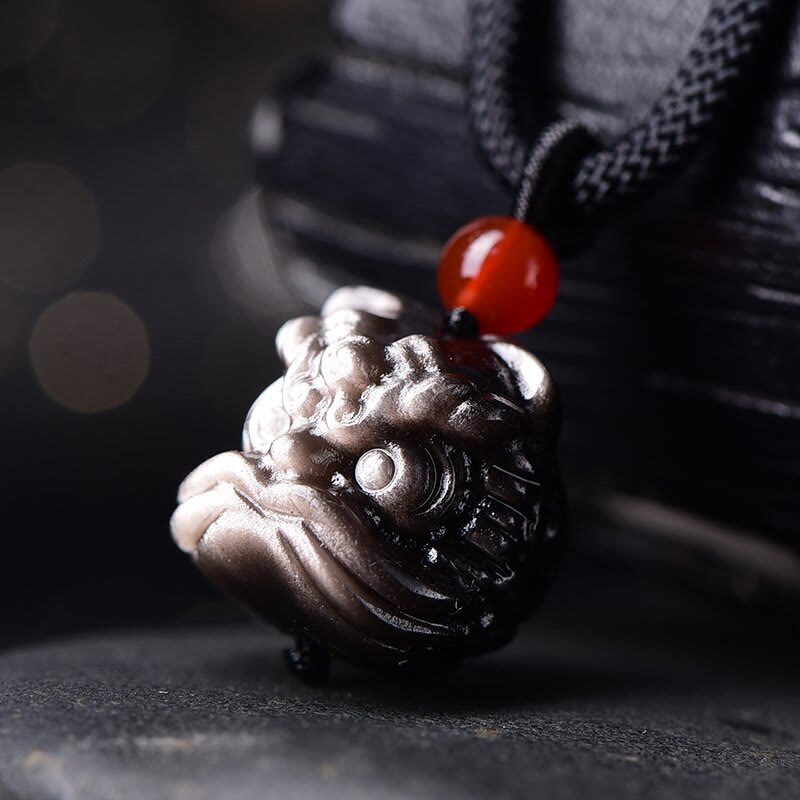 Nimara Ritual Natural Silver Sheen Obsidian Dancing Lion Protection Necklace Pendant