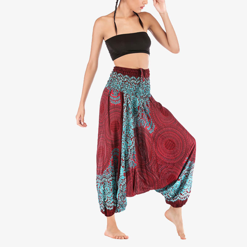 Nimara Ritual Two Style Wear Round Geometric Pattern Loose Smocked Harem Trousers Jumpsuit High Waist Women's Yoga Pants