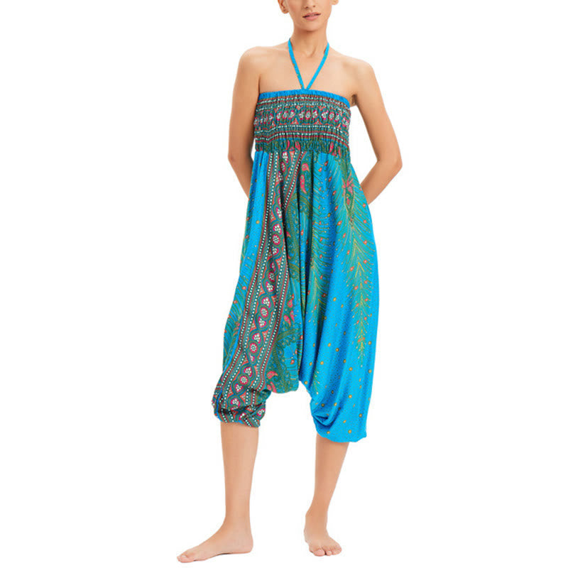 Nimara Ritual Two Style Wear Peacock Feather Loose Smocked Harem Trousers Jumpsuit High Waist Pants