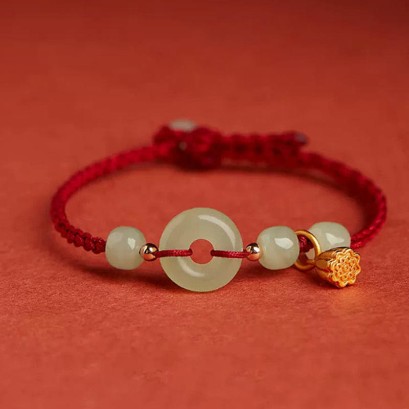 Nimara Ritual Round Peace Buckle Jade Lotus Happiness Abundance Wealth String Bracelet