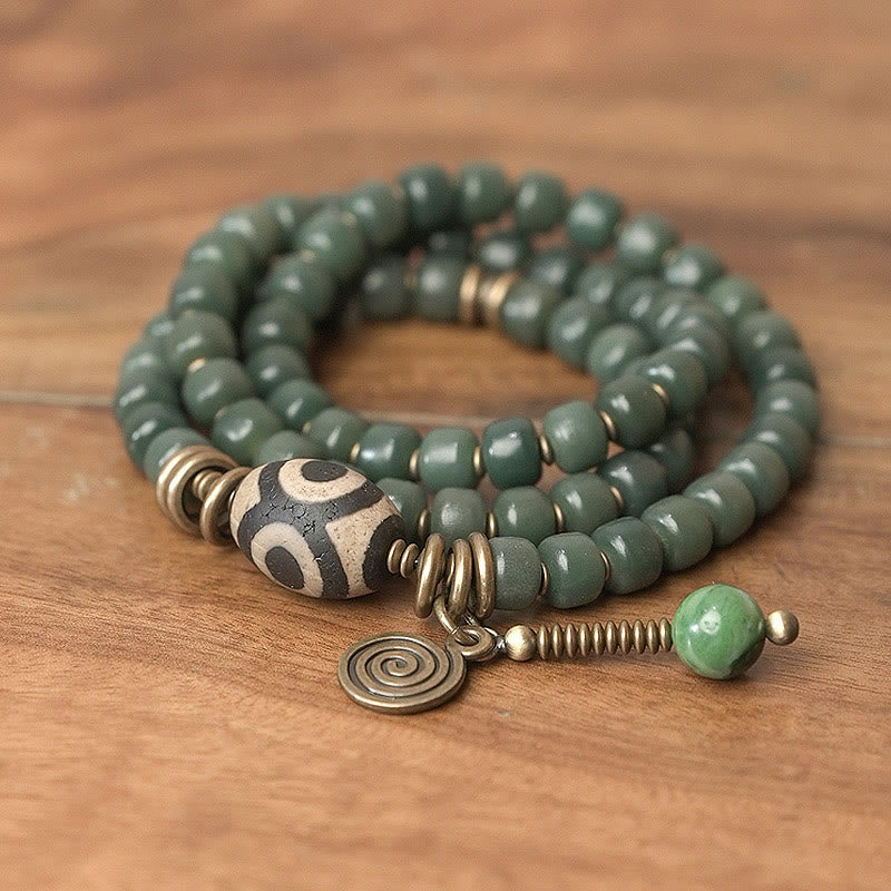 Nimara Ritual Cyan Bodhi Seed Dzi Bead Wisdom Peace Triple Wrap Bracelet