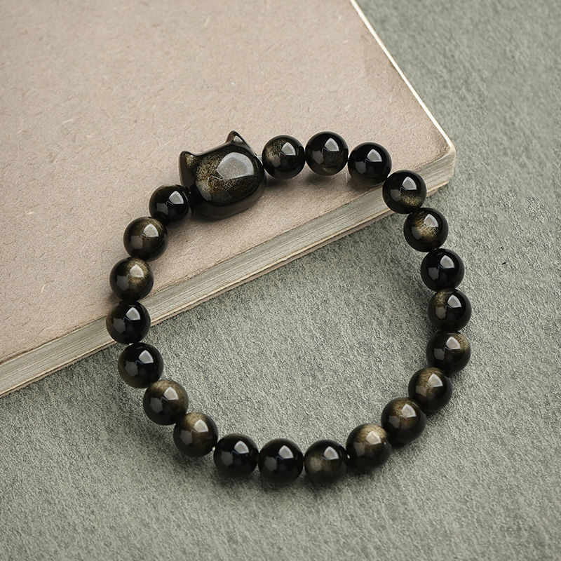 Nimara Ritual Gold Sheen Obsidian Silver Sheen Obsidian Lovely Paw Lucky Cat Protection Bracelet