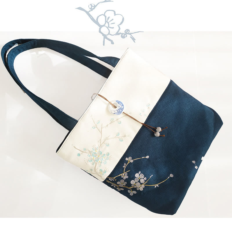 Nimara Ritual Pear Flower Plum Peach Blossom Bamboo Embroidery Canvas Large Capacity Shoulder Bag Tote Bag