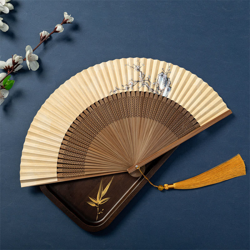 Nimara Ritual Lotus Dragonfly Wild Geese Plum Blossom Handheld Silk Bamboo Folding Fan 22.5cm