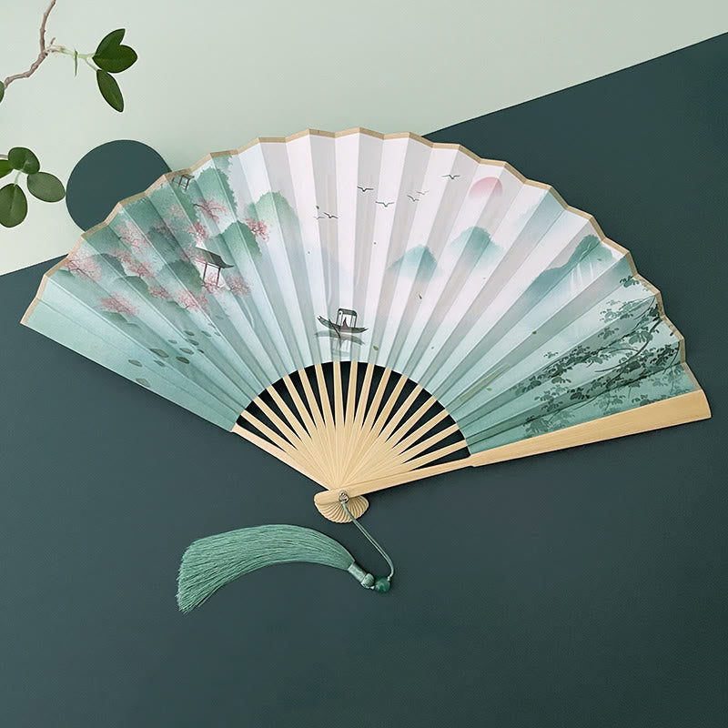 Nimara Ritual Retro Lotus Flower Leaf Mountain Lake Handheld Folding Fan With Bamboo Frames