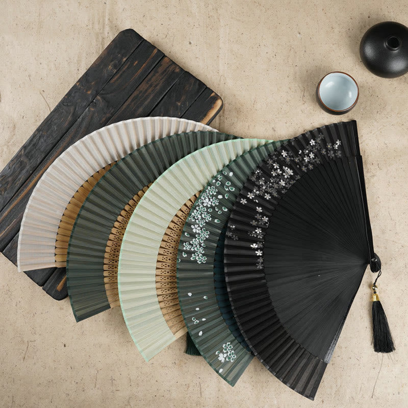 Nimara Ritual Simple Cherry Flower Hollow Engraved Handheld Bamboo Folding Fan