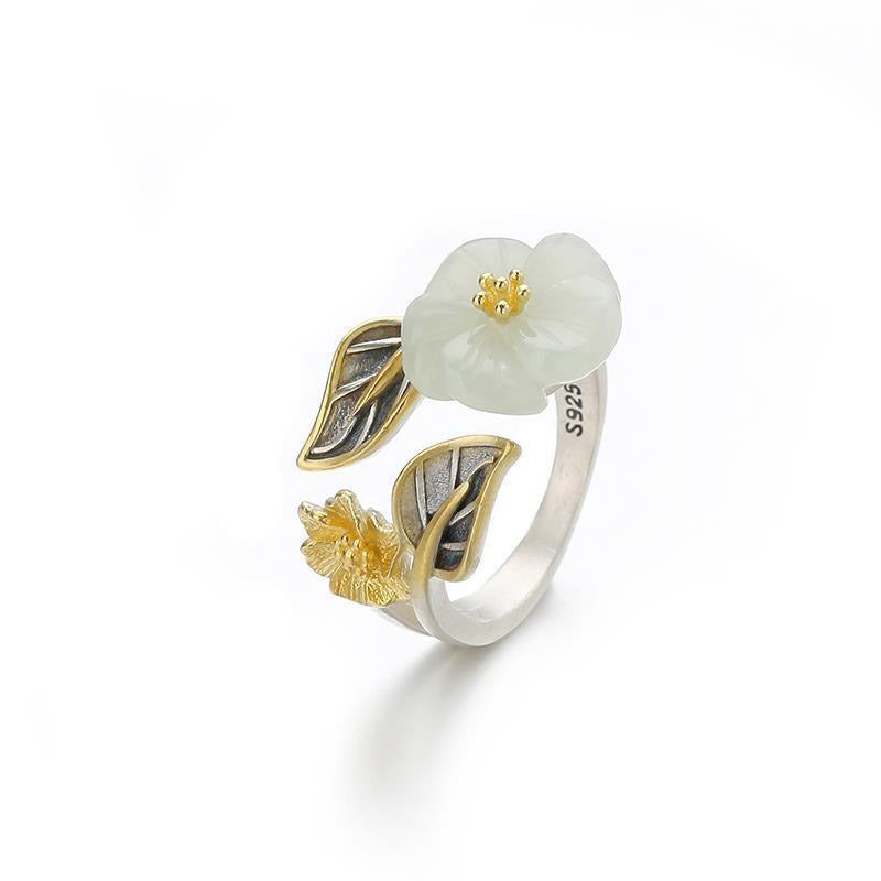 Nimara Ritual 925 Silver Plated Copper White Jade Plum Flower Leaf Luck Ring
