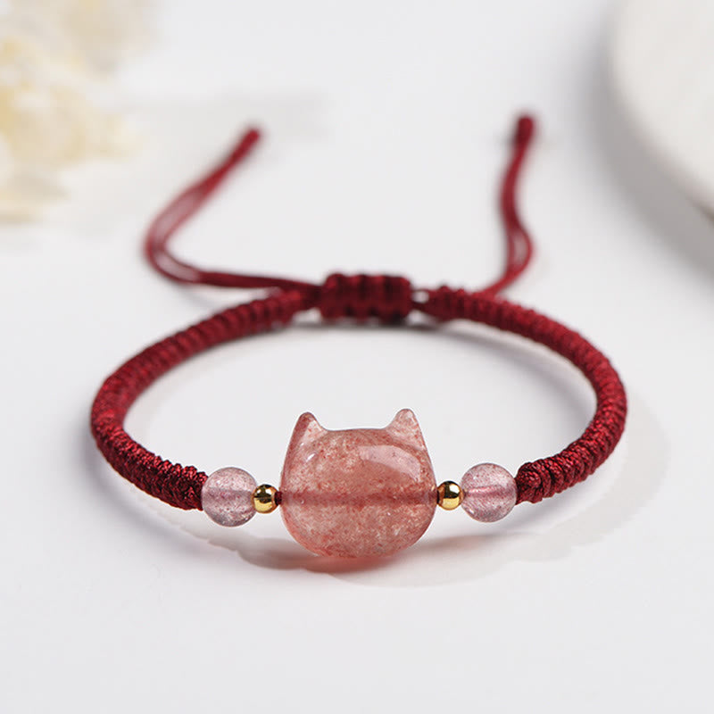 Nimara Ritual Handmade Natural Silver Sheen Obsidian Strawberry Quartz Cute Cat Protection Braided Bracelet