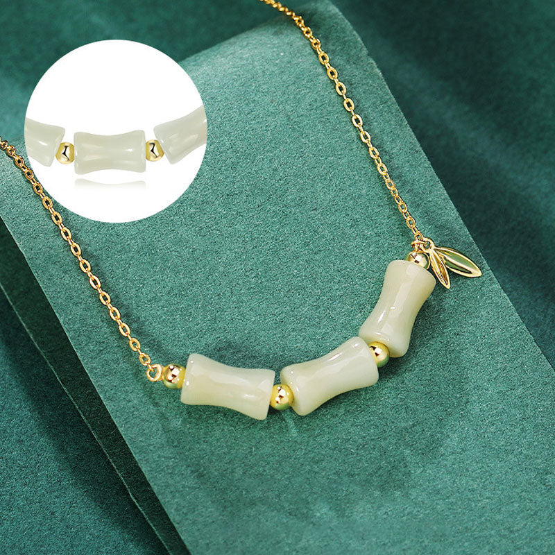 Nimara Ritual 925 Sterling Silver Hetian Jade Bamboo Fu Character Prosperity Necklace Pendant Bracelet