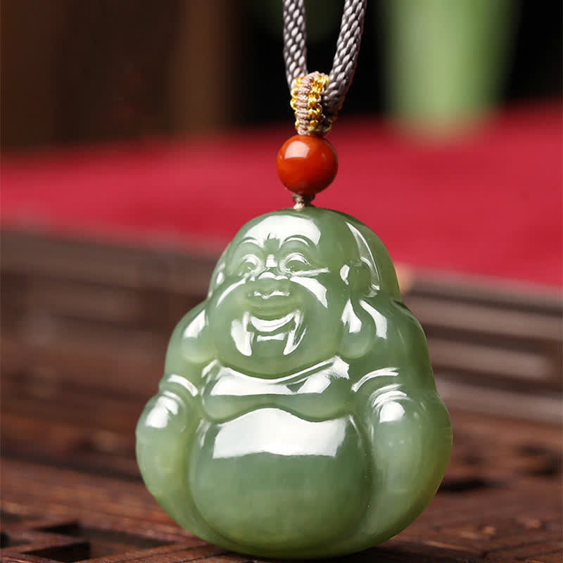 Nimara Ritual Laughing Buddha Hetian Jade Abundance Necklace String Pendant