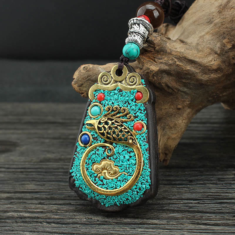 Nimara Ritual Tibet God Of Wealth Money Tree Golden Phoenix Thangka Ebony Peace Necklace Pendant
