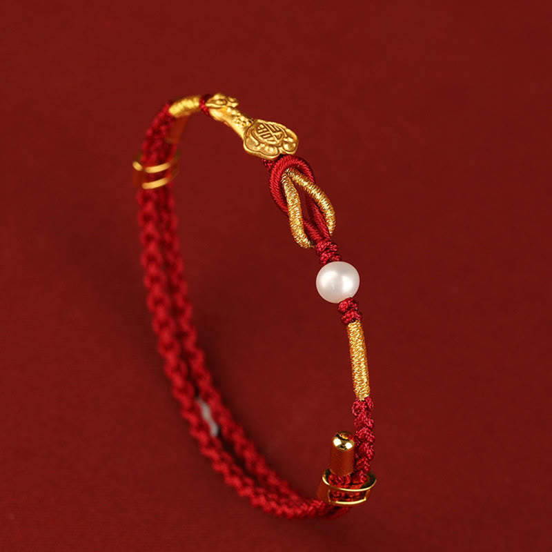 Nimara Ritual 24K Gold Wish Ruyi Handle Fu Character Rabbit Pearl Luck Braided Bracelet