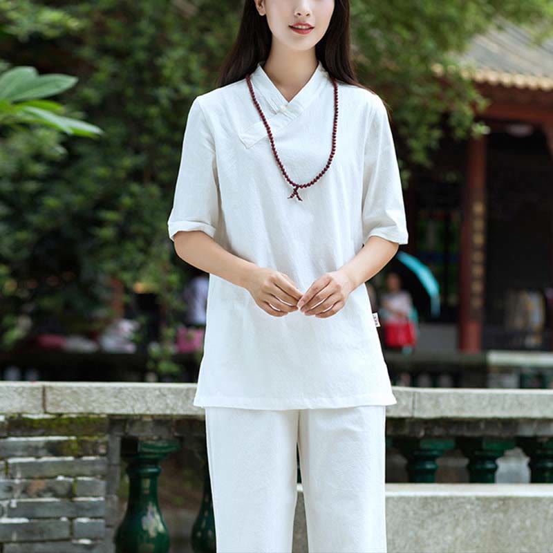 Nimara Ritual 2Pcs Half Sleeve V-Neck Shirt Top Pants Meditation Zen Tai Chi Linen Clothing Women's Set