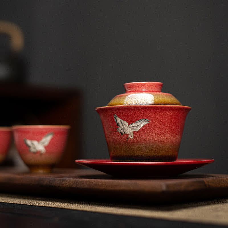 Nimara Ritual Red Auspicious Crane Ceramic Gaiwan Sancai Teacup Kung Fu Tea Cup And Saucer With Lid