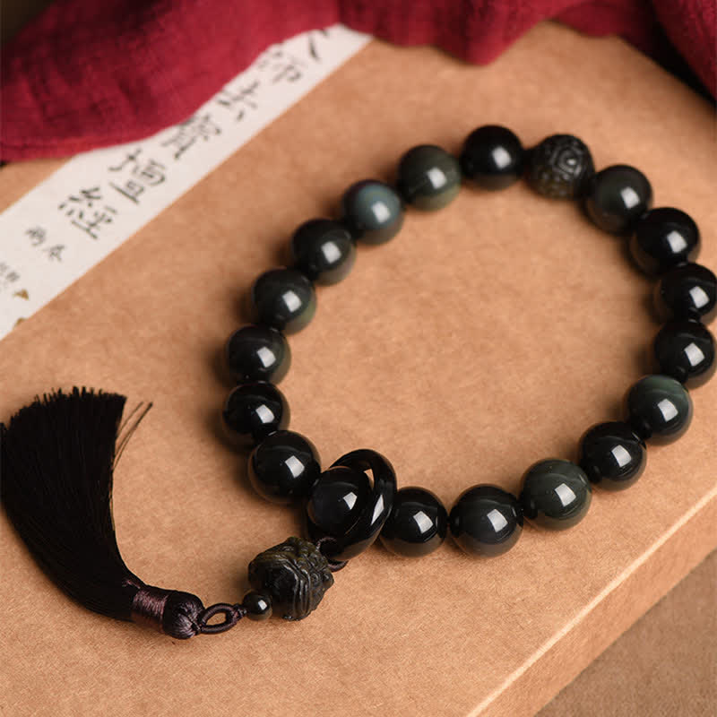 Nimara Ritual Natural Black Obsidian Lion Wrist Mala Protection Tassels Pocket Mala Car Decoration