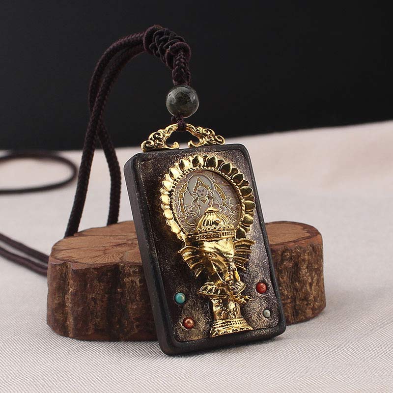 Nimara Ritual Ebony Wood Elephant God of Fortune Buddha Blessing Necklace String Pendant