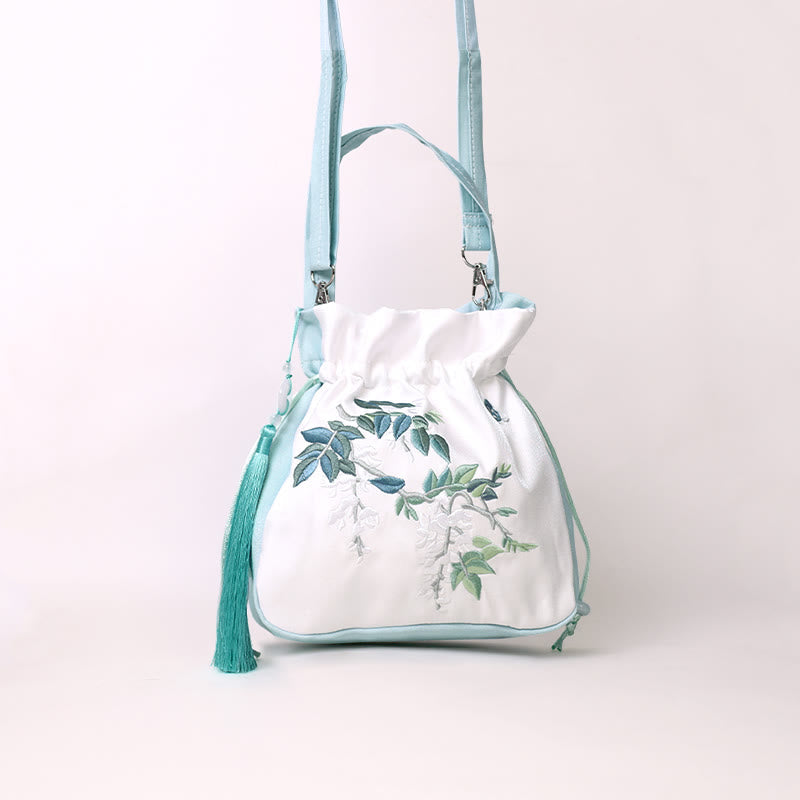 Nimara Ritual Embroidered Flowers Wisteria Lily Cotton Linen Tote Crossbody Bag Shoulder Bag Handbag