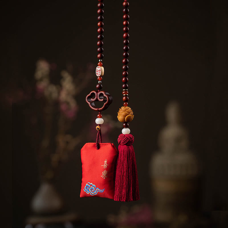 Nimara Ritual Tibetan Small Leaf Red Sandalwood Lotus Cinnabar Sachet Protection Tassel Car Hanging Decoration
