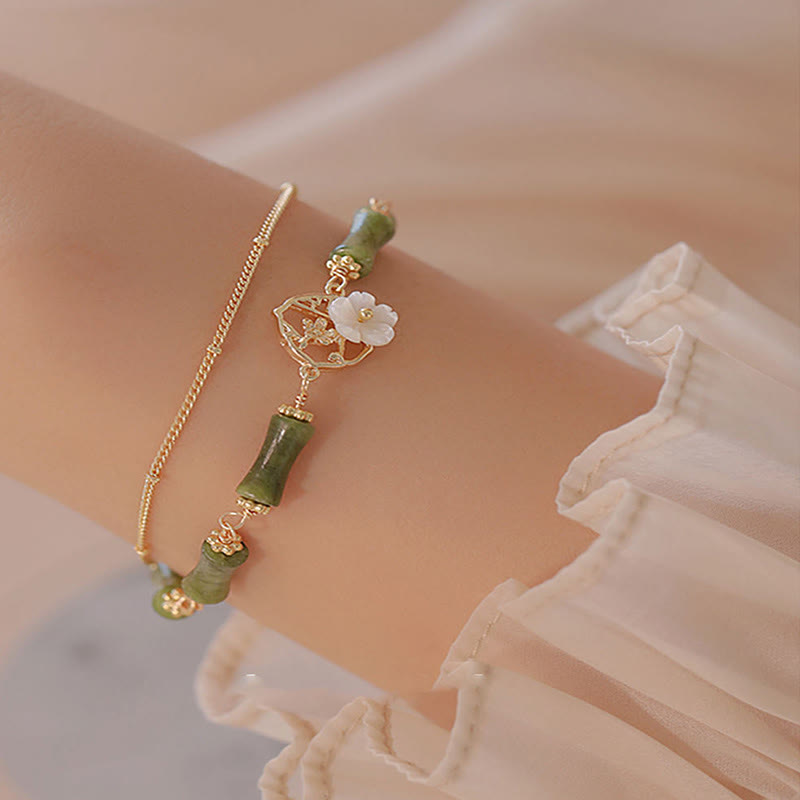 Nimara Ritual 14k Gold Plated Copper Peridot Bamboo Flower Wealth Double Layer Bracelet