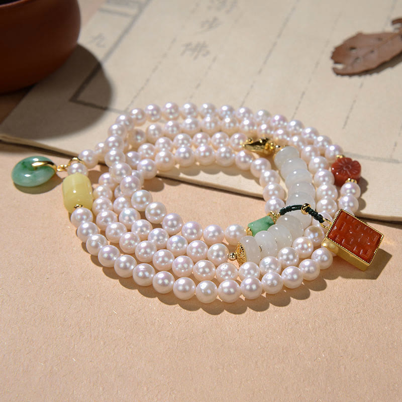 Nimara Ritual 925 Sterling Silver Pearl Hetian Jade Red Agate Double Happiness Amber Luck Quadruple Wrap Bracelet