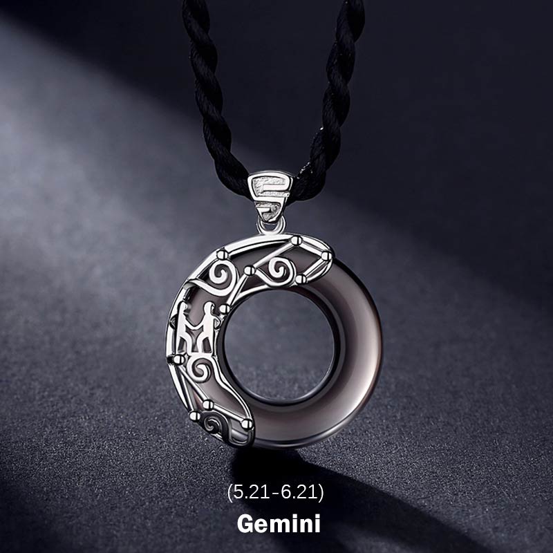 Nimara Ritual 12 Constellations of the Zodiac Ice Obsidian Blessing Round Pendant Necklace