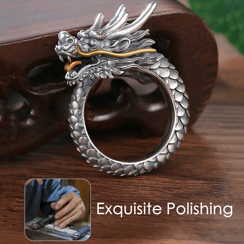 Nimara Ritual 925 Sterling Silver Vintage Dragon Design Protection Strength Adjustable Ring