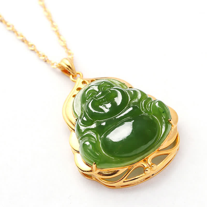 Nimara Ritual 925 Sterling Silver Natural Hetian Cyan Jade Laughing Buddha 18K Gold Healing Necklace Chain Pendant