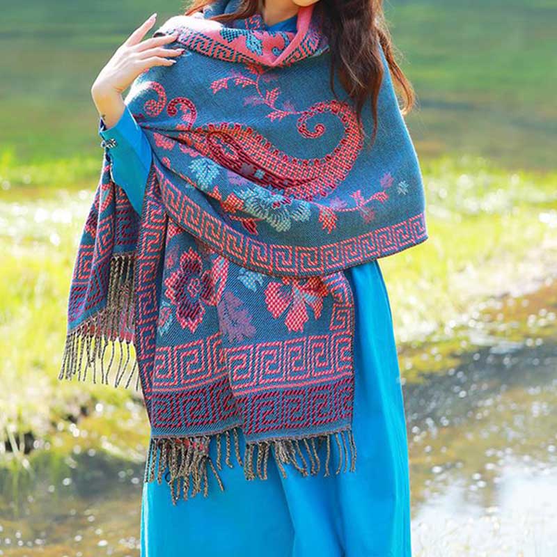 Nimara Ritual Tibetan Flowers Leaves Pattern Design Shawl Cozy Travel Scarf Wrap