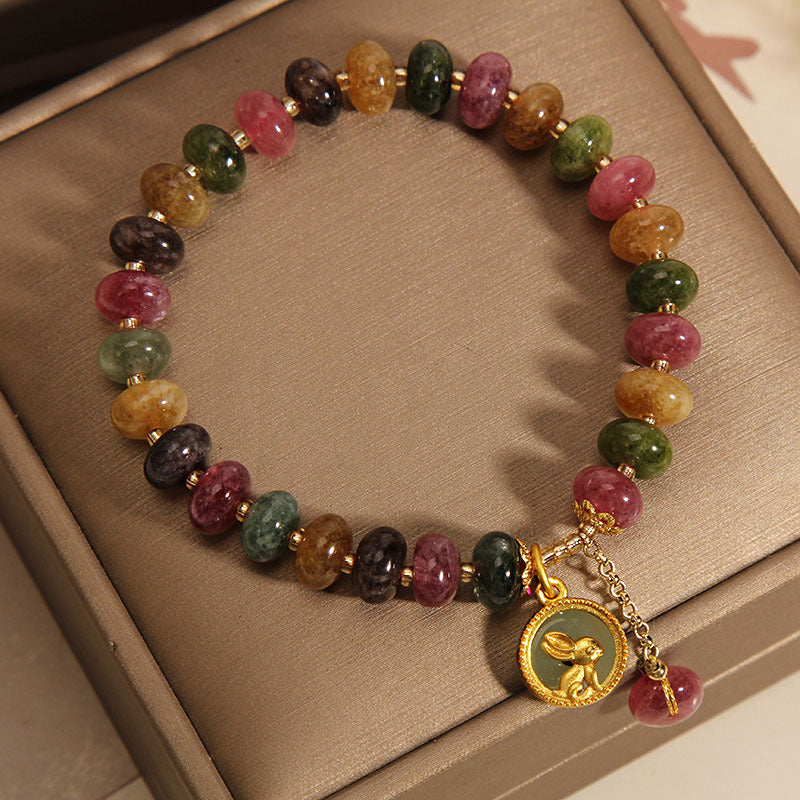 Nimara Ritual Natural Colorful Tourmaline Cute Rabbit Charm Positive Bracelet