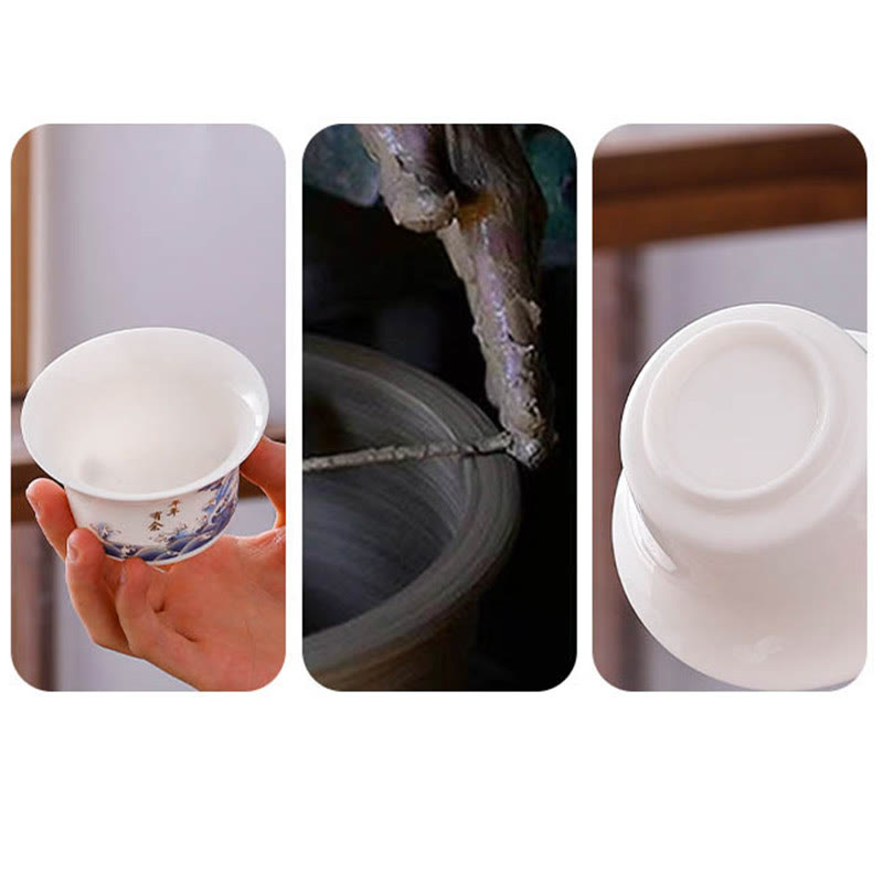 Nimara Ritual White Porcelain Mountain Landscape Countryside Ceramic Gaiwan Teacup Kung Fu Tea Cup And Saucer With Lid