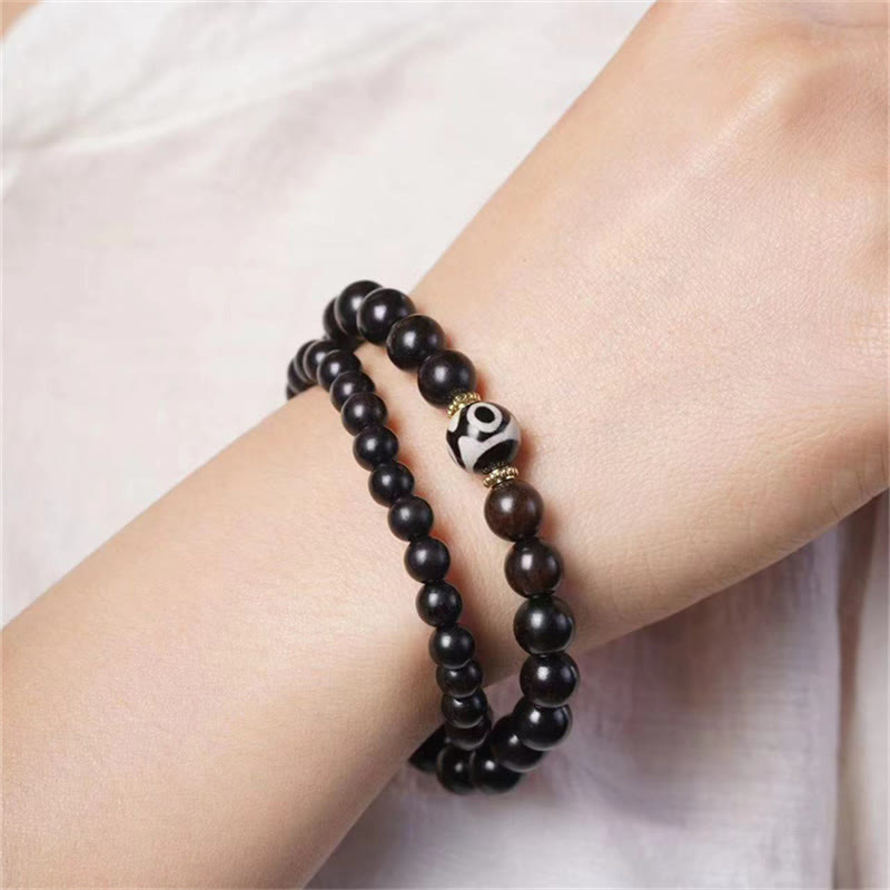 Nimara Ritual Tibet Ebony Wood Dzi Bead Balance Double Wrap Bracelet