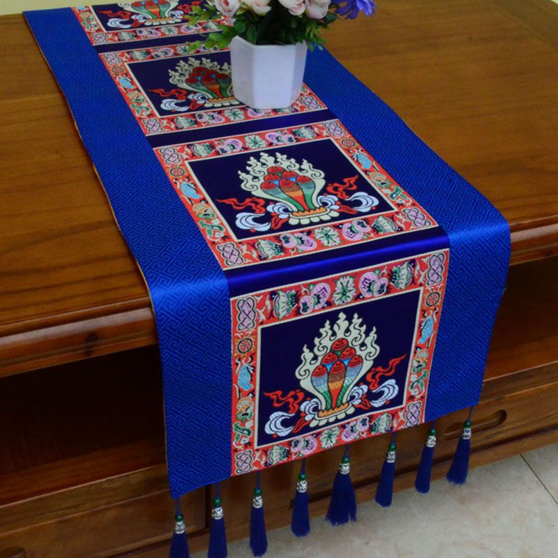 Nimara Ritual Prayer Altar Mat Man-Bcu Kalachakra Endless Knot Vajra Tibetan Auspicious Symbols Tassels Table Runner